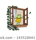 An illustration of a frog opening a window and taking a deep breath. 143528041