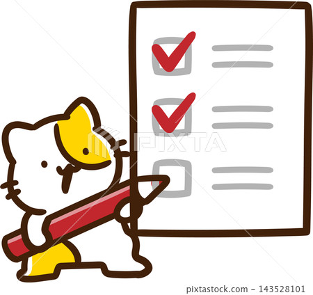 A cute, stylized illustration of a cat character checking off items on a checklist. A cute, stylized illustration of a cat character checking off items on a checklist. 143528101