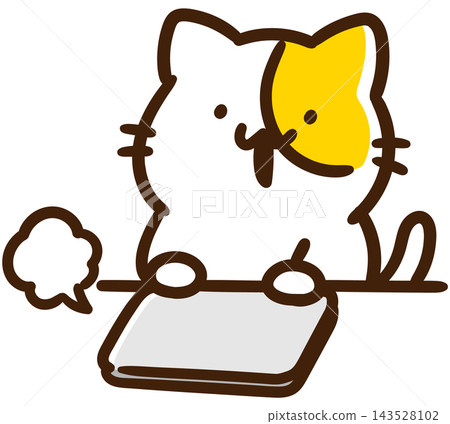 A stylized illustration of a cat character relaxing after closing a computer screen. 143528102