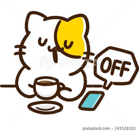 A cute, stylized illustration of a cat character enjoying some relaxation time with its smartphone turned off. A cute, stylized illustration of a cat character enjoying some relaxation time with its smartphone turned off. 143528103