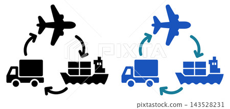Logistics Flow Icon Set: Business assets representing the transportation cycle of trucks, container ships, and airplanes. Logistics Flow Icon Set: Business assets representing the transportation cycle of trucks, container ships, and airplanes. 143528231