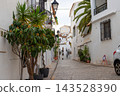 Exploring a charming cobbled street in Altea, Spain, adorned with white buildings and vibrant green plants, perfect for a memorable family holiday vacation trip 143528390