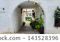 Charming arched passageway in Altea Spain leading to sunlit Mediterranean street adorned with vibrant potted plants and blooming flowers, perfect for a peaceful afternoon stroll during a family 143528396