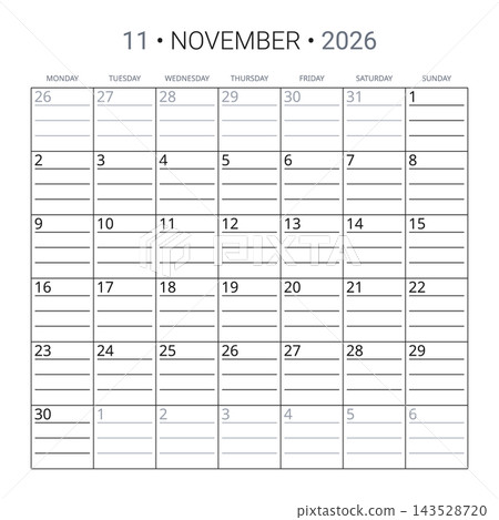 November 2026 English Corporate Monthly Planner Grid Clean Minimal Office Calend November 2026 English Corporate Monthly Planner Grid Clean Minimal Office Calend 143528720