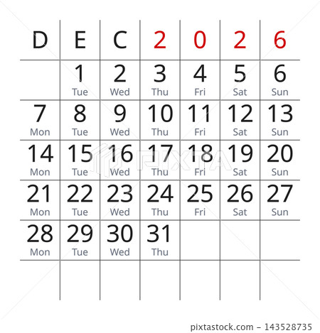 December 2026 English Corporate Monthly Planner Grid Clean Minimal Office Calend December 2026 English Corporate Monthly Planner Grid Clean Minimal Office Calend 143528735
