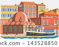 Color Vector Illustration of Kucuk Hasan Mosque and Venetian Harbor in Chania, Crete, Greece 143528850