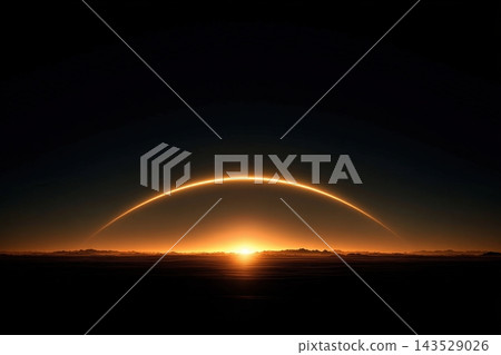 Golden sunbeam arcs across the horizon illuminating the vast landscape Golden sunbeam arcs across the horizon illuminating the vast landscape 143529026