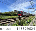 大和郡山城的景色，湛藍的天空和醒目的紅色近鐵新列車。 143529624