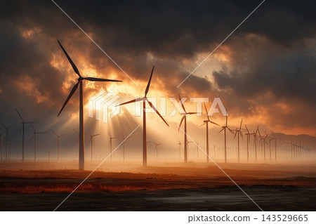 Wind turbine farm shines under golden hour sky Wind turbine farm shines under golden hour sky 143529665