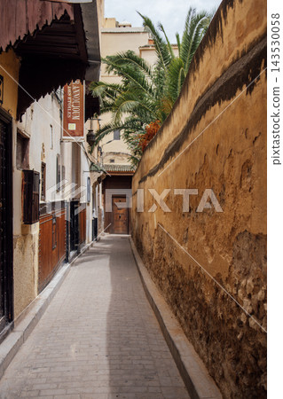 Narrow cobblestone alleyway lined with textured walls and lush palm trees, leading to a wooden door, creating a serene atmosphere in an urban setting with historical charm Narrow cobblestone alleyway lined with textured walls and lush palm trees, leading to a wooden door, creating a serene atmosphere in an urban setting with historical charm 143530058