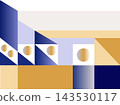 A modern abstract composition featuring geometric shapes including circles and triangles in a blue and gold color palette. This minimalist pattern provides a clean, professional aesthetic  143530117
