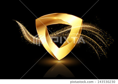 3d gold geometric luxury logo design with golden particles, shield shaped symbol for Company branding, vector illustration isolated on black background 3d gold geometric luxury logo design with golden particles, shield shaped symbol for Company branding, vector illustration isolated on black background 143530230
