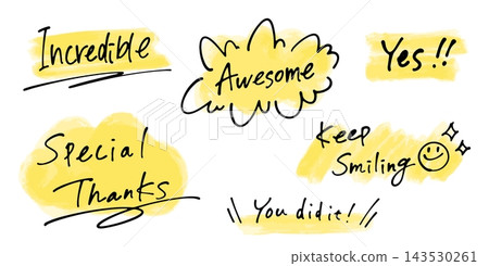 Handwritten compliments in English. Messages of gratitude. Colorful lettering and watercolor-style highlights to celebrate achievements. 143530261