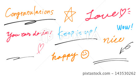 Colorful handwritten English message templates. A set of positive words expressing support, celebration, love, and joy. Congratulations! 143530262