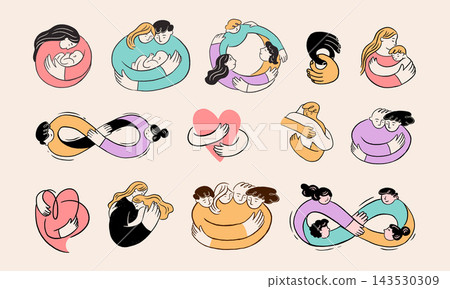 Collection of retro hand drawn illustrations and logo elements showing couples, families and groups Collection of retro hand drawn illustrations and logo elements showing couples, families and groups 143530309
