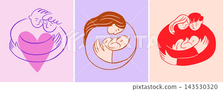 Hand drawn illustrations of loving parents with their baby and heart, and a mother embracing her Hand drawn illustrations of loving parents with their baby and heart, and a mother embracing her 143530320
