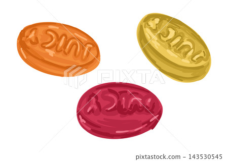 Three colorful oval gummy candies with raised lettering in orange, yellow, and red, isolated against a white background as a playful confectionery illustration 143530545