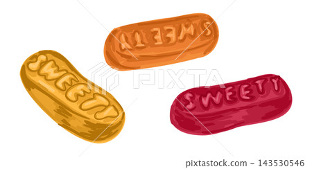 Colorful gummy sweets with raised lettering in orange, yellow, and red, isolated on a white background as a playful confectionery arrangement Colorful gummy sweets with raised lettering in orange, yellow, and red, isolated on a white background as a playful confectionery arrangement 143530546