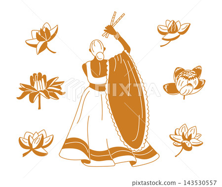 Indian classical dancer in traditional costume playing hand cymbals among lotus flower motifs, decorative brown line art illustration on a white background Indian classical dancer in traditional costume playing hand cymbals among lotus flower motifs, decorative brown line art illustration on a white background 143530557