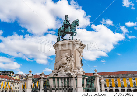 Equestrian Statue In Commerce Square Lisbon Against Blue Sky Equestrian Statue In Commerce Square Lisbon Against Blue Sky 143530692