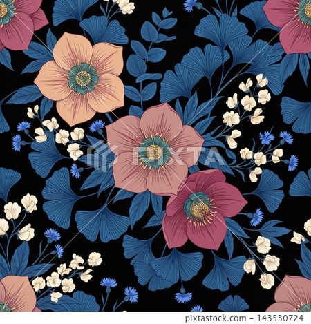 Set of vintage botanical floral seamless repeat pattern collection Set of vintage botanical floral seamless repeat pattern collection 143530724
