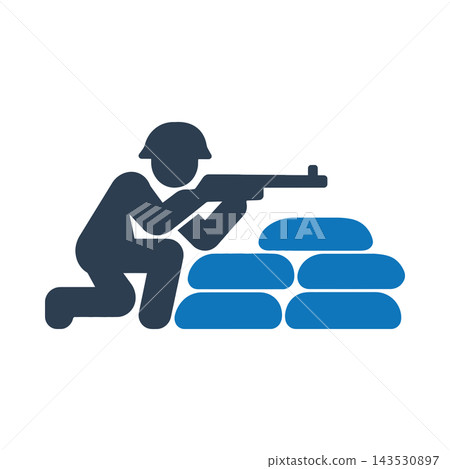 A kneeling soldier aiming a rifle behind sandbags icon A kneeling soldier aiming a rifle behind sandbags icon 143530897