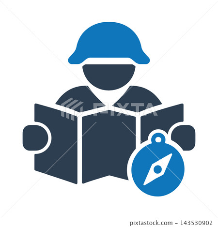 A soldier reading a map with a compass icon A soldier reading a map with a compass icon 143530902