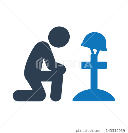 A soldier kneeling at a memorial cross with a helmet icon A soldier kneeling at a memorial cross with a helmet icon 143530939
