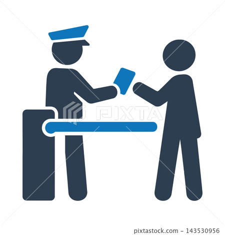 An officer checking papers at a checkpoint barrier icon An officer checking papers at a checkpoint barrier icon 143530956