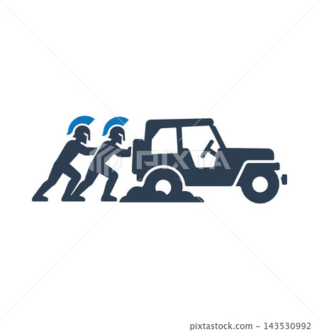 Soldiers pushing a stuck off-road vehicle icon 143530992
