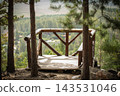 Scenic view of an empty rustic wooden observation deck nestled among tall pine trees in the mountains. 143531046