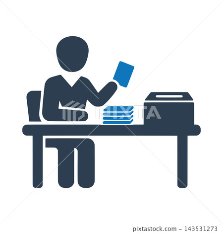 A person at a desk counting papers beside a ballot box icon A person at a desk counting papers beside a ballot box icon 143531273