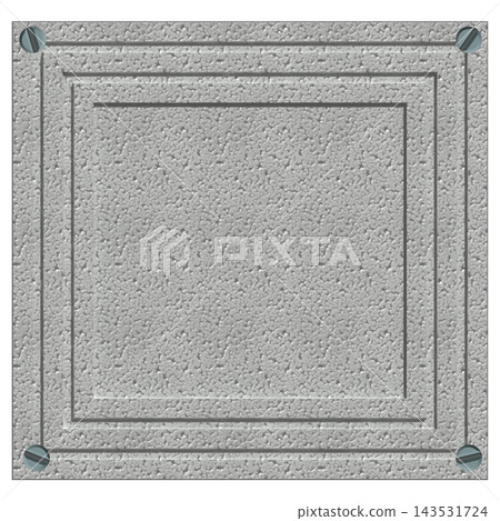 A gray square frame with screws at the four corners, and a rough, textured, metallic-looking UI panel material. A gray square frame with screws at the four corners, and a rough, textured, metallic-looking UI panel material. 143531724