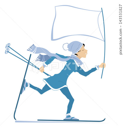 Flag in the hand of skier woman. Winter sport. Winner. Young skier woman holding a flag Flag in the hand of skier woman. Winter sport. Winner. Young skier woman holding a flag 143531827