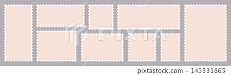 Post stamp. Minimalist postage stamp frame collection with perforated edges, pastel paper interiors geometric rectangular layouts, modern postal design elements for scrapbooking, stationery, collage Post stamp. Minimalist postage stamp frame collection with perforated edges, pastel paper interiors geometric rectangular layouts, modern postal design elements for scrapbooking, stationery, collage 143531865