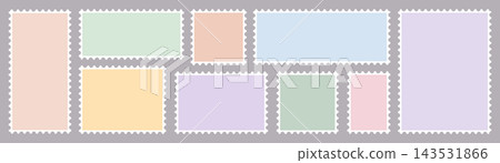 Pastel postage stamp collection with perforated edges, colorful blank paper interiors and geometric rectangular layouts, minimalist postal design elements for stationery, scrapbooking and collage 143531866