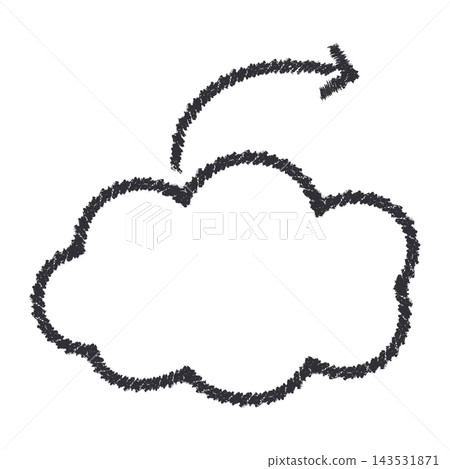 Hand drawn speech bubble with curved arrow in rough pencil and charcoal sketch style, empty comic callout outline for notes, messages, captions, annotations, highlights and creative graphic design 143531871