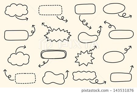Hand drawn speech bubbles and callout frames with curved arrows, dashed outlines, comic bursts and organic shapes, minimalist black line art collection on warm cream background for annotation design Hand drawn speech bubbles and callout frames with curved arrows, dashed outlines, comic bursts and organic shapes, minimalist black line art collection on warm cream background for annotation design 143531876