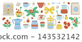 Coffee doodle color set with cozy cafe elements and cute beverage icons in Amalfi style. Vector amalficore collection featuring brewing accessories, takeaway cups, coffee beans and decorative details 143532142