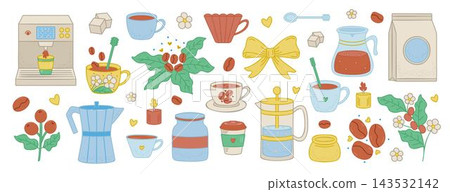Coffee doodle color set with cozy cafe elements and cute beverage icons in Amalfi style. Vector amalficore collection featuring brewing accessories, takeaway cups, coffee beans and decorative details Coffee doodle color set with cozy cafe elements and cute beverage icons in Amalfi style. Vector amalficore collection featuring brewing accessories, takeaway cups, coffee beans and decorative details 143532142