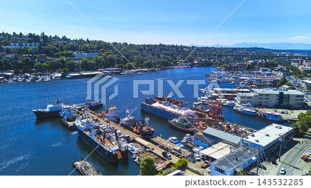 Aerial Seattle Harbor Shipyard Waterfront Industry and Urban Landscape Aerial Seattle Harbor Shipyard Waterfront Industry and Urban Landscape 143532285