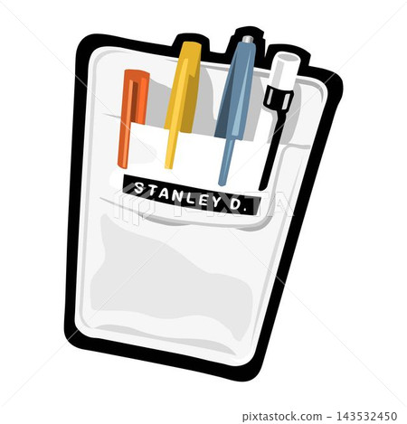 An abstract illustration shows a drawing pen in a pencil holder tray. An abstract illustration shows a drawing pen in a pencil holder tray. 143532450