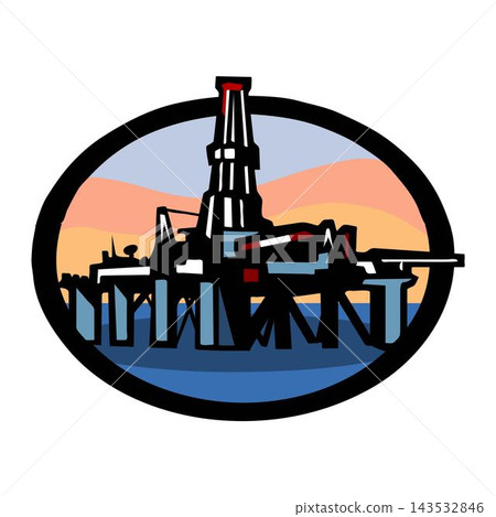 An abstract vector shows a cartoon style oil drilling refinery in the ocean industry. 143532846