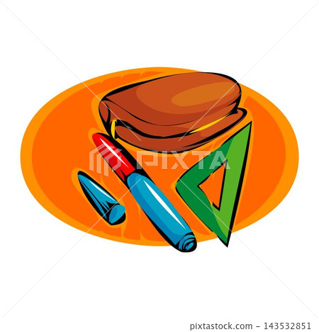 An abstract vector shows a case, pencil, ruler and protractor in a cartoon style. An abstract vector shows a case, pencil, ruler and protractor in a cartoon style. 143532851