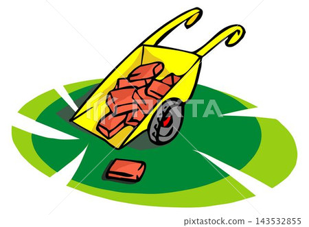 An abstract vector shows a construction cart carrying concrete bricks in a cartoon style. An abstract vector shows a construction cart carrying concrete bricks in a cartoon style. 143532855