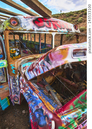 Colorful Graffiti Covered Abandoned Bus at International Car Forest Nevada Colorful Graffiti Covered Abandoned Bus at International Car Forest Nevada 143533100