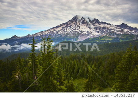 Mount Rainier Snow Capped Summit with Evergreen Forest and Dramatic Sky in Washington Mount Rainier Snow Capped Summit with Evergreen Forest and Dramatic Sky in Washington 143533237