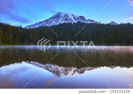 Mount Rainier Snowy Peak Reflection Lake Sunrise Foggy Forest Tranquility Mount Rainier Snowy Peak Reflection Lake Sunrise Foggy Forest Tranquility 143533239