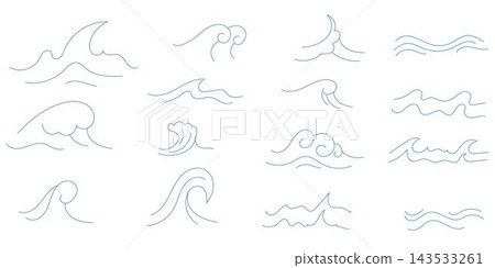 Line sea water wave. Marine aqua flowing waves icons. Decorative outline contours curly and swirly river, ocean  liquid. Zigzag horizontal sea and ocean water elements isolated on white background 143533261