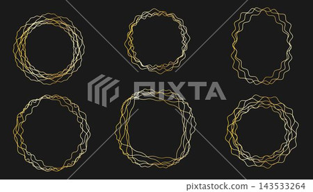 Gold 3d circle wave frame. Golden metal ring with glowing effect as oval abstract border. Vector line luxury circular outline design element. Simple vector flat Gold 3d circle wave frame. Golden metal ring with glowing effect as oval abstract border. Vector line luxury circular outline design element. Simple vector flat 143533264